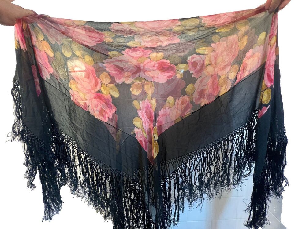 Vintage Paris 100% Silk Piano Scarf Transparent See Thru 50" square 8" tassel